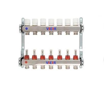 Коллекторная группа для отопления 9 выходов полный комплект (краны, термометры, воздухоотводчики, сливники) 1*3/4 без расходомеров нержавейка Vieir