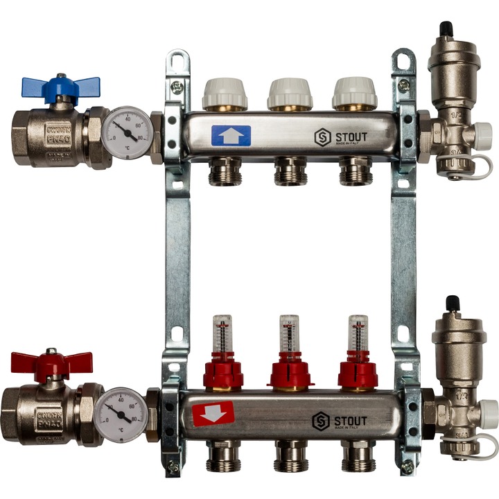 Коллекторная группа для теплых полов 3 выхода полный комплект (краи, сливники) 1*3/4 с расходомерами нержавейка STOUT