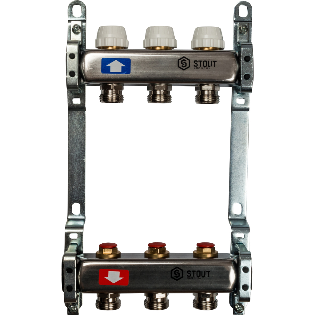 Коллекторная группа для отопления 3 выхода 1*3/4 без расходомеров нержавейка STOUT