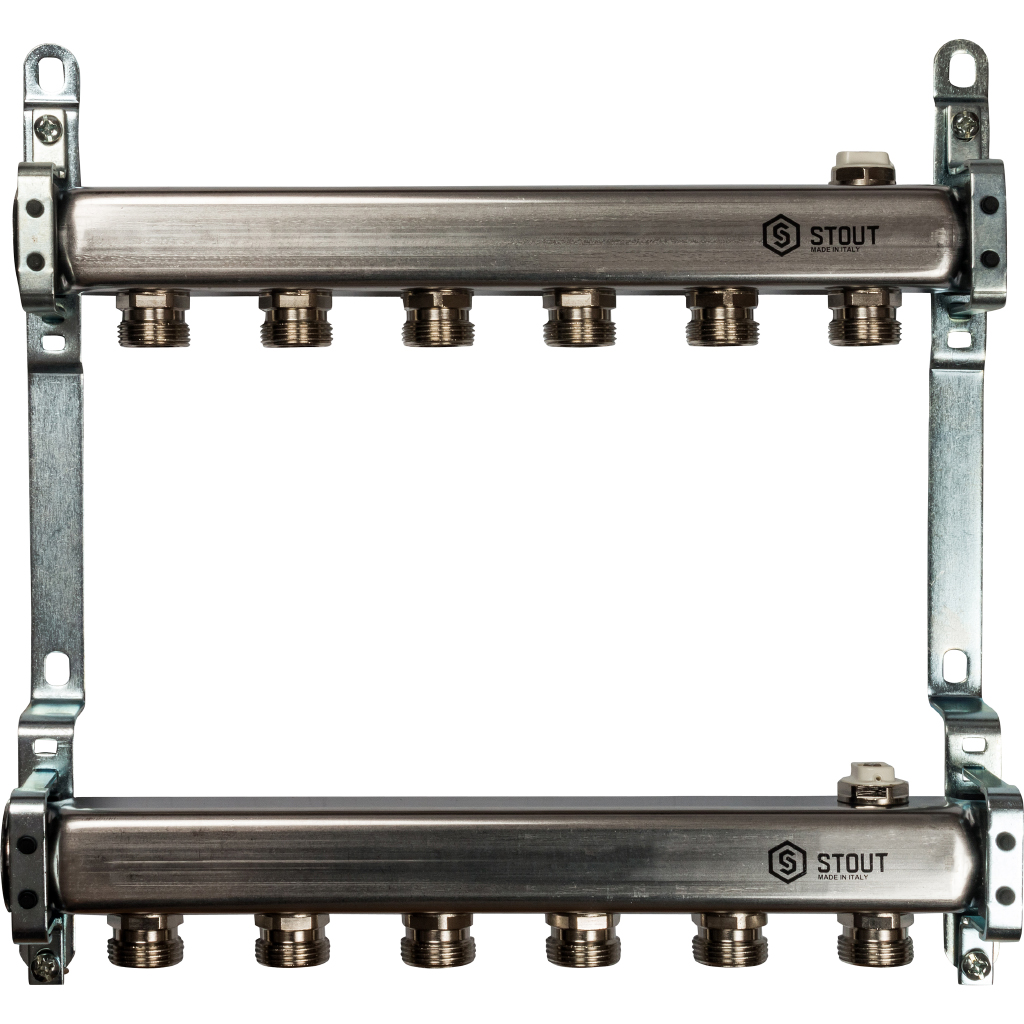 Коллекторная группа для отопления 6 выходов 1*3/4 без расходомеров нержавейка STOUT