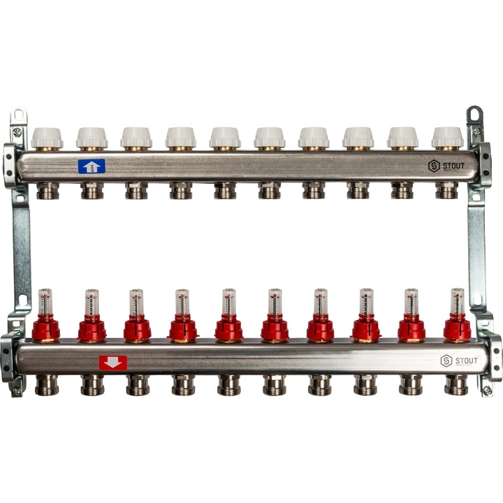 Коллекторная группа для теплых полов 10 выходов 1*3/4 с расходомерами нержавейка STOUT