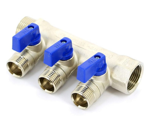 Коллектор отсечной для водоснабжения 3 выхода с шаровыми кранами 3/4 (синие руч) 1/2 STOUT